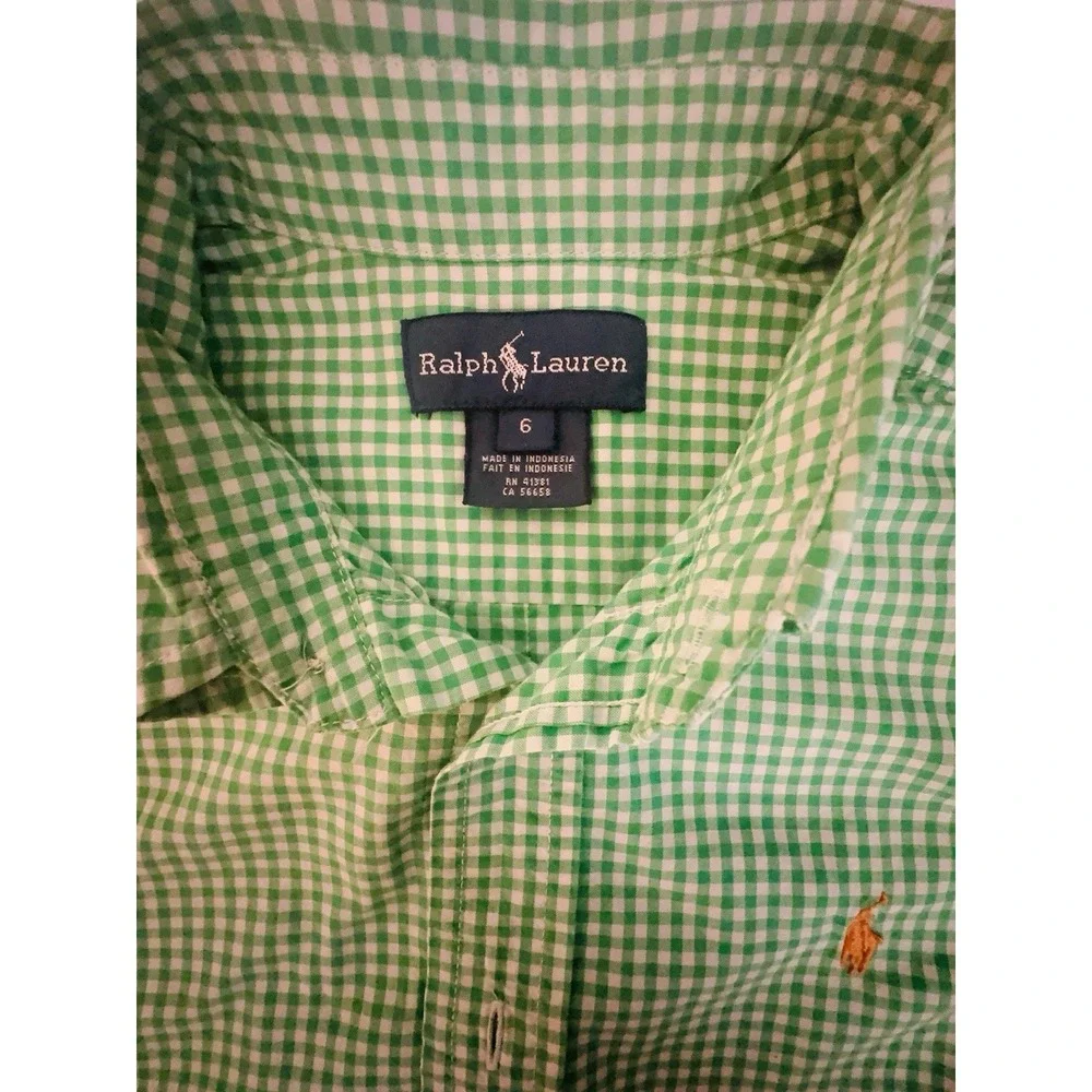 Ralph Lauren Boys Size 6 Green/White Gingham Long Sleeve Collared Button-Up